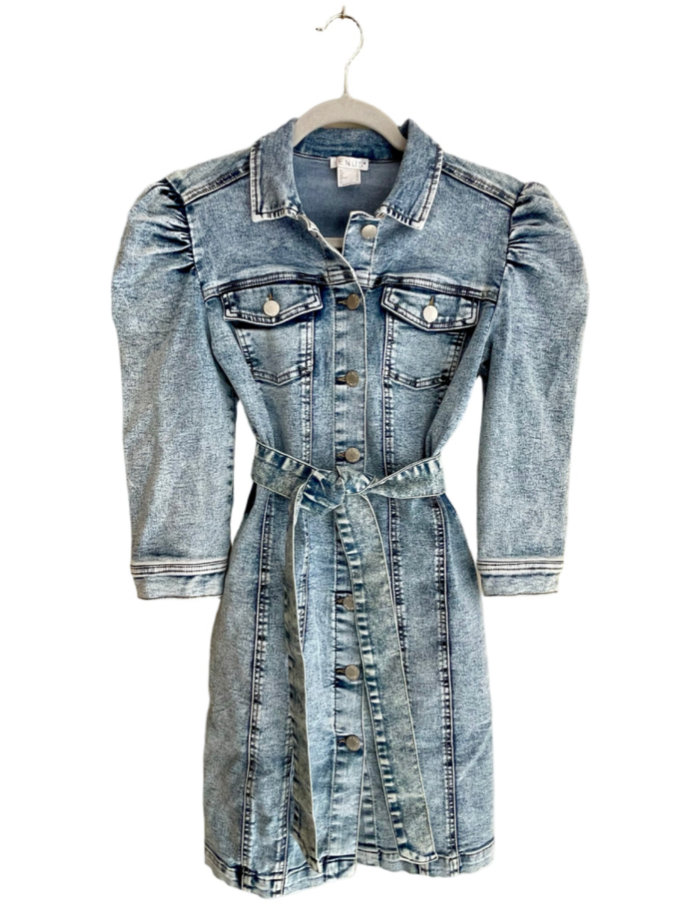 Venus Denim Dress Womens 4 Blue Acid Wash Puff Sleeve Belted Button Front